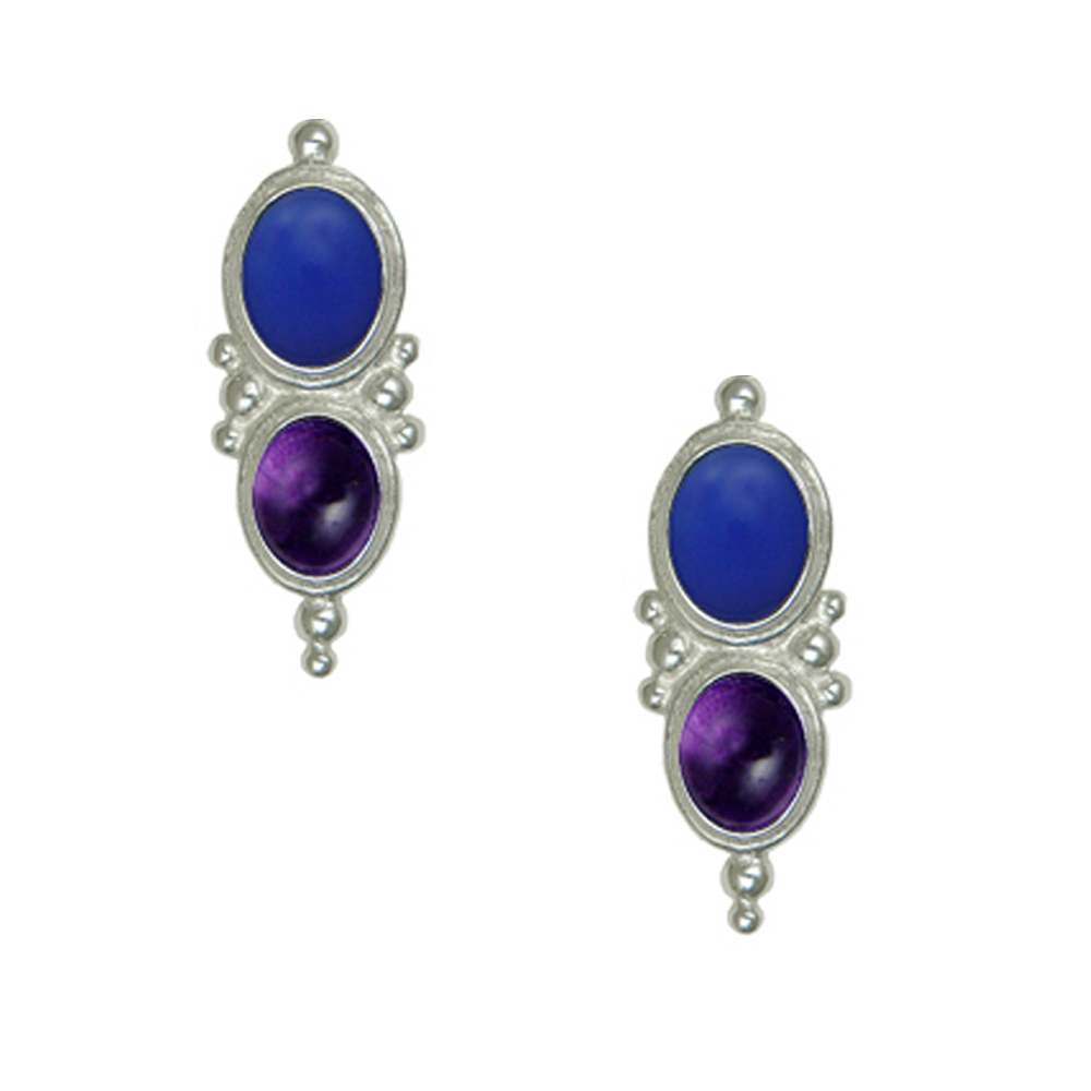 Sterling Silver Drop Dangle Earrings With Blue Onyx And Amethyst